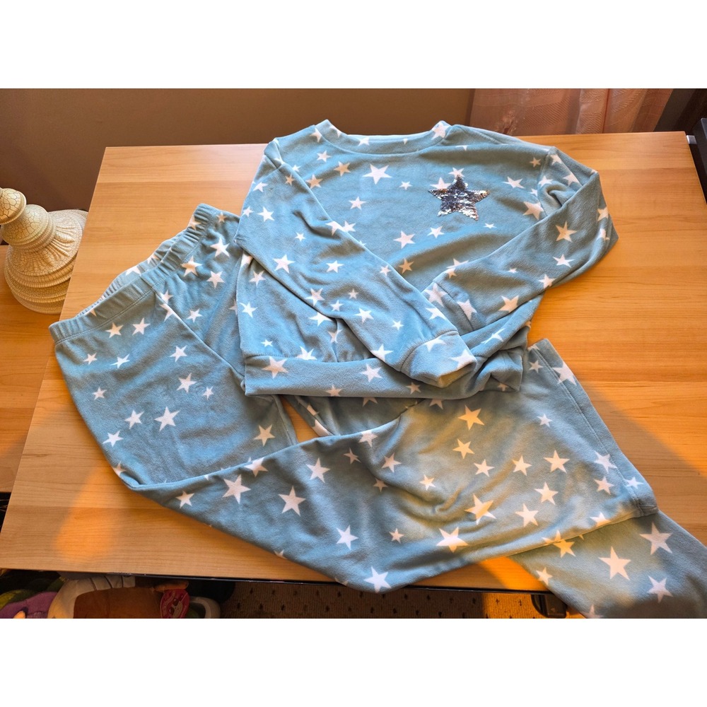 Self Esteem Girls Blue Fleece Star Pajama Set Sequin Star Size S 7/8